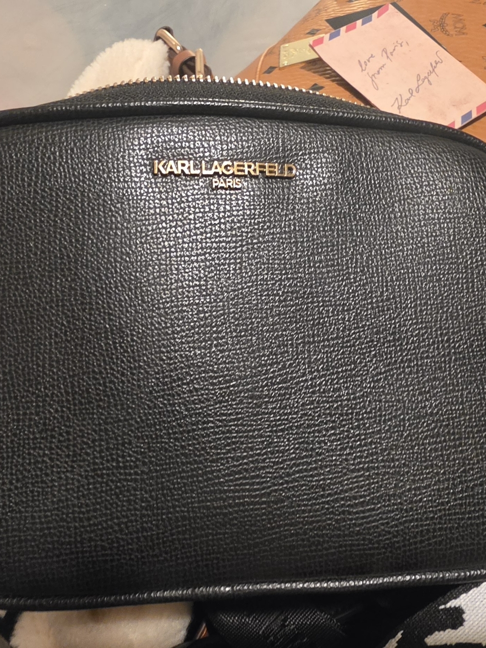 Karl Lagerfeld Black Pebbled Crossbody Belt Bag with Gold Logo
